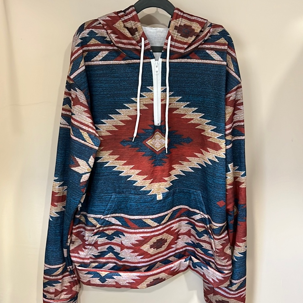 Tribal Pattern Hoodie - Red and Blue